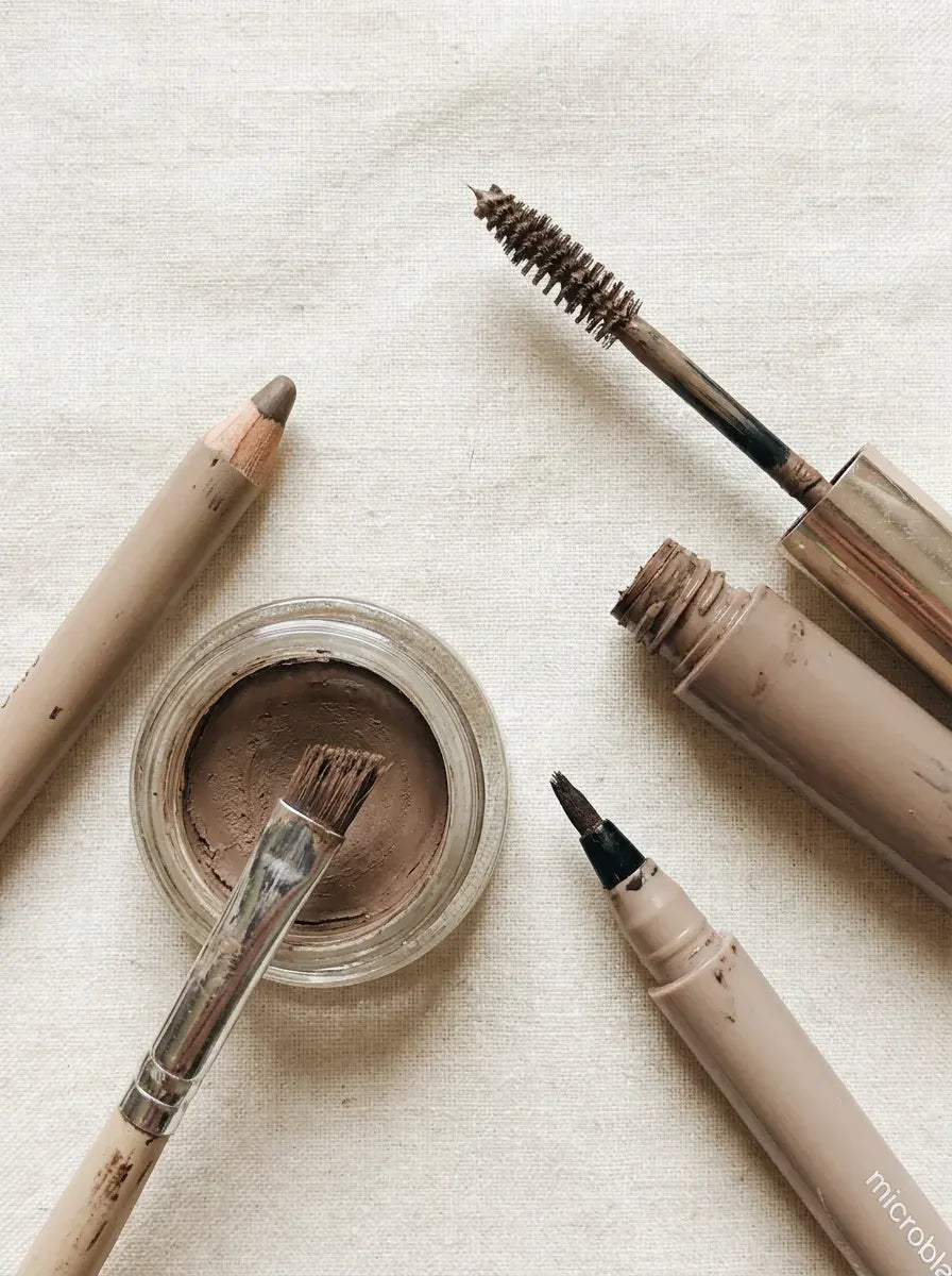 The worn brow pencil, pomade pot and angled brush, tinted gel, and drugstore pen she already owns