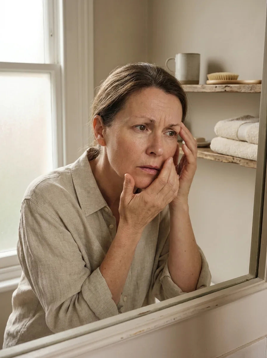 A woman leaning into the mirror, looking at her thin brows