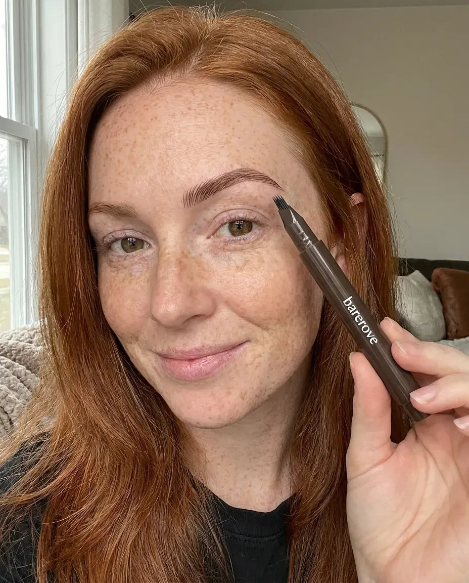 A real customer selfie holding the pen, natural light, brows done