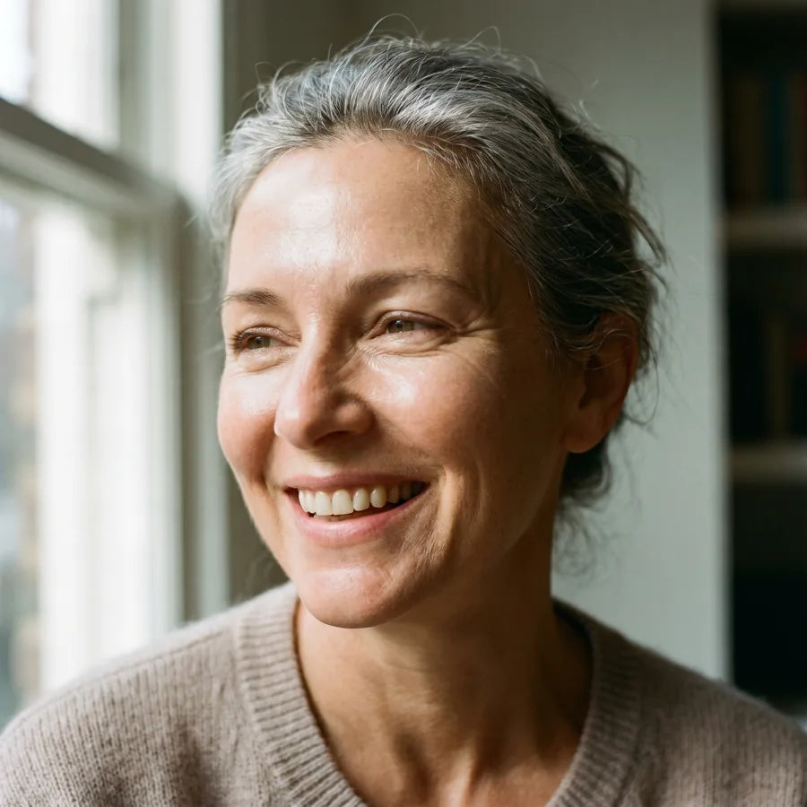 A woman showing a natural, radiant glass-skin finish