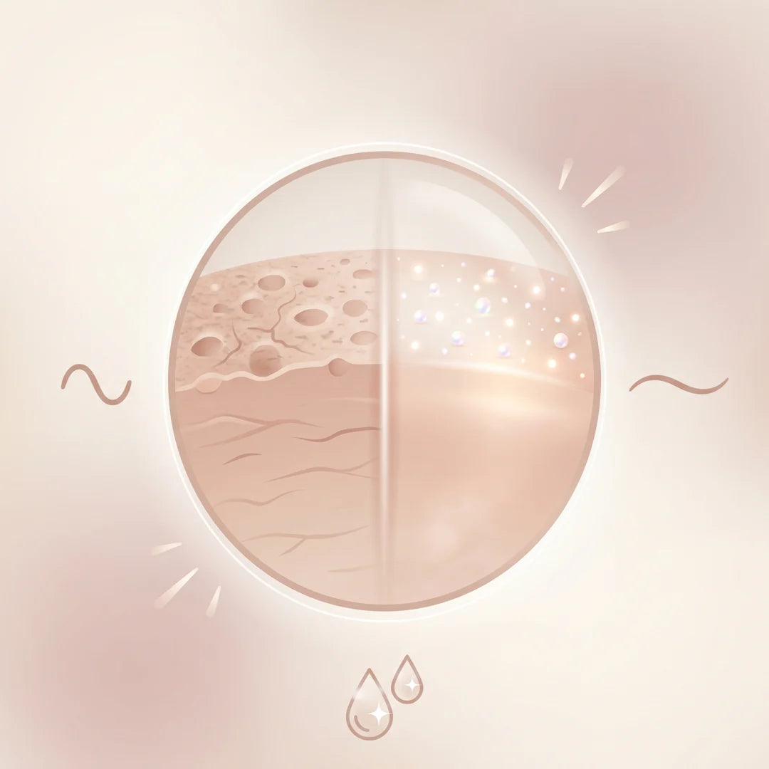 Illustration: rough uneven skin on the left, smooth even skin on the right