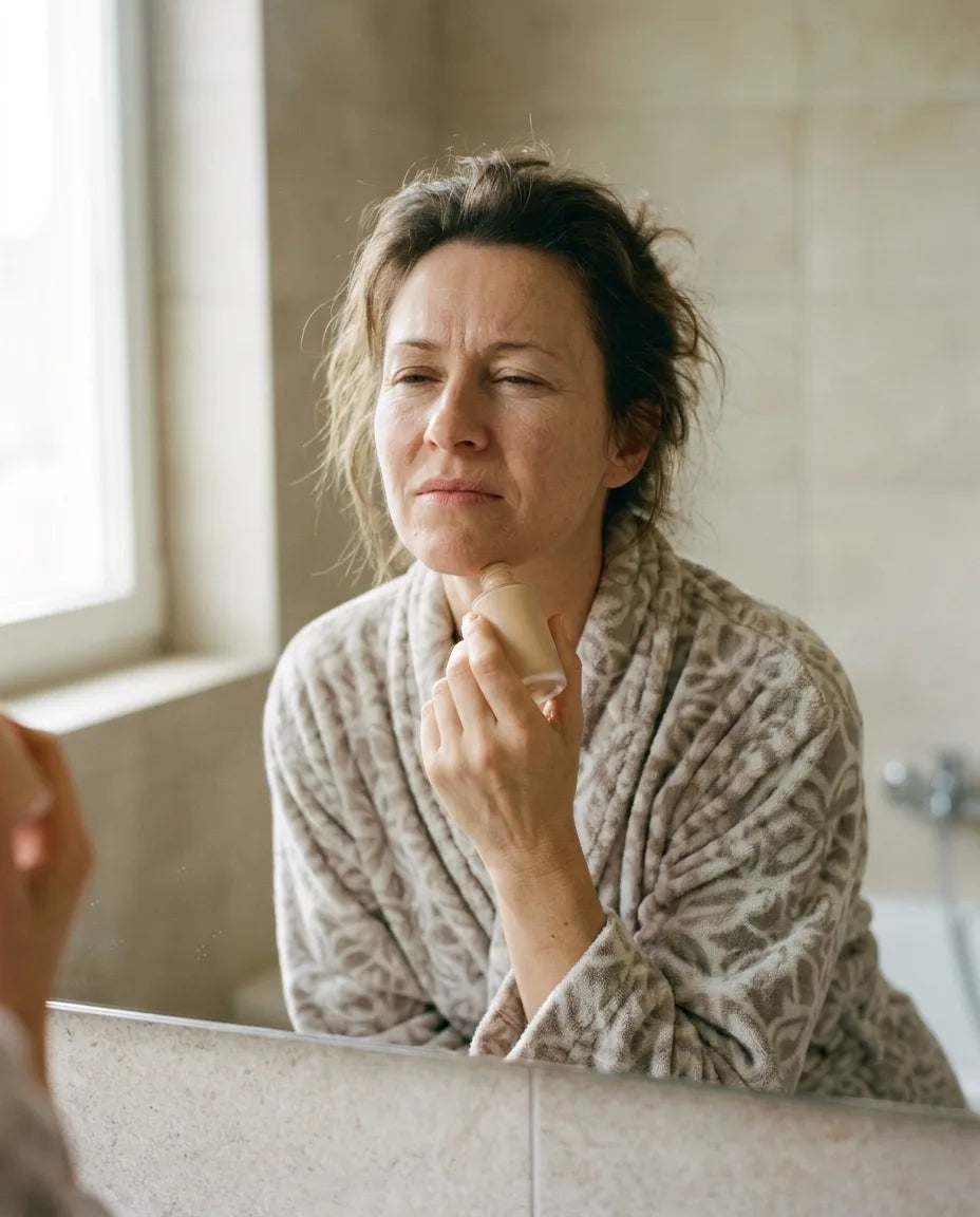 Woman at the bathroom mirror, second-guessing her foundation along the jaw