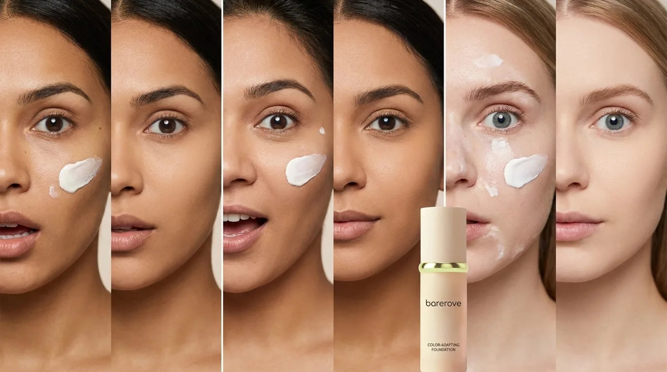 The same white foundation mid-reaction on a range of skin tones side by side