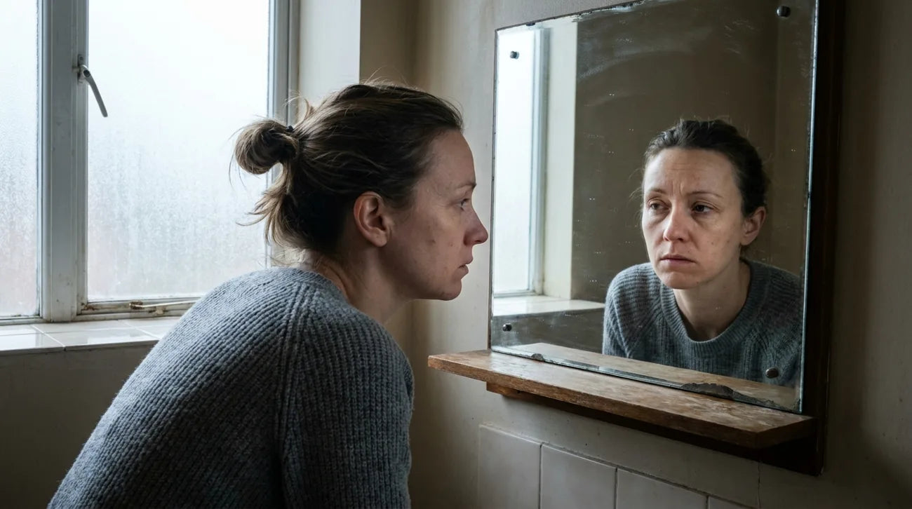 A woman leans into the bathroom mirror in morning light, skin flat and tired after a full routine