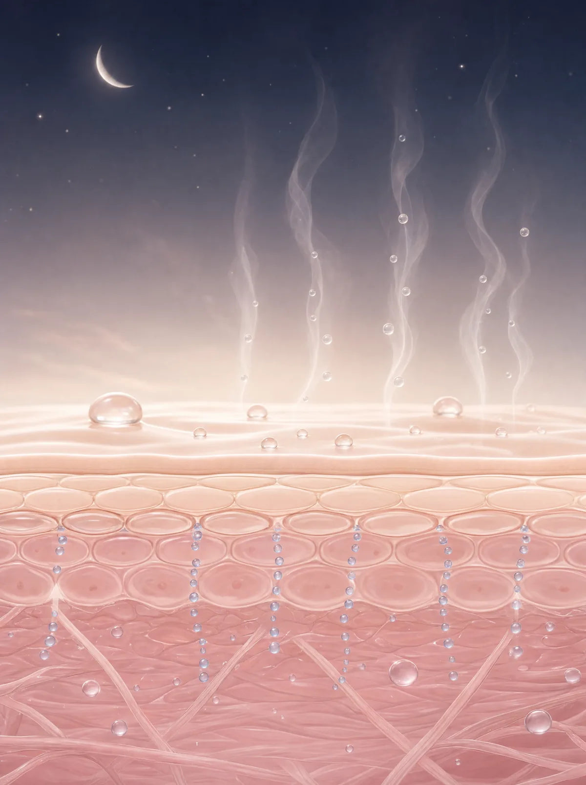 Skin at night with water leaving the surface as vapor, the open-tab problem