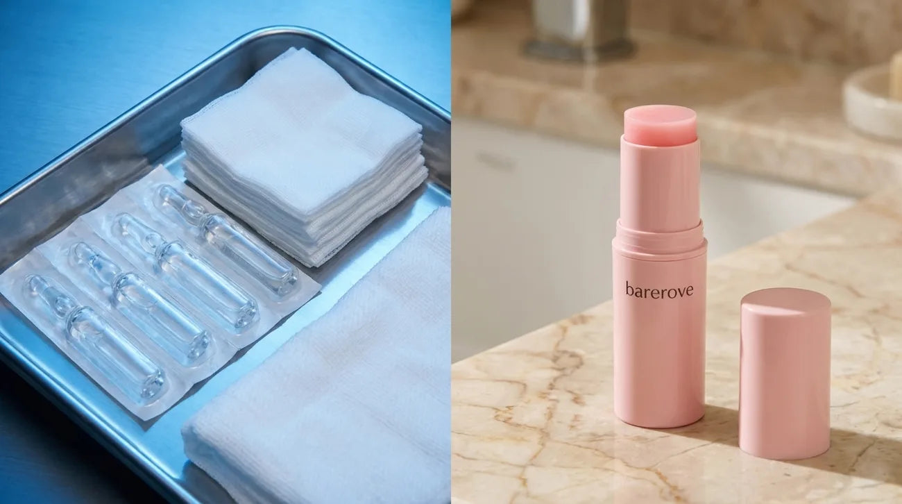 A clinic treatment chair on one side, the pink balm stick in a handbag on the other
