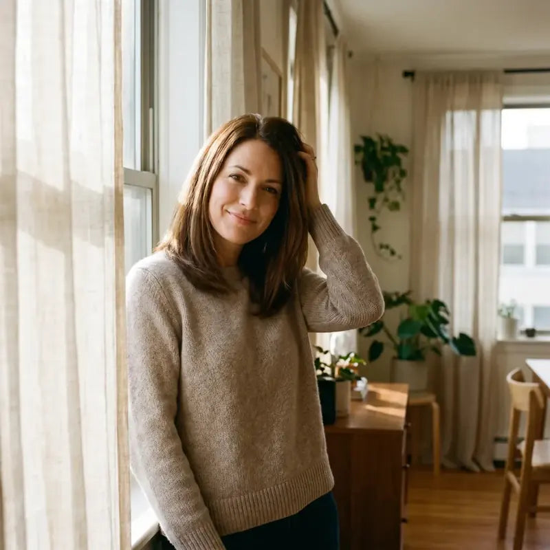 A put-together woman in her 40s, gray covered