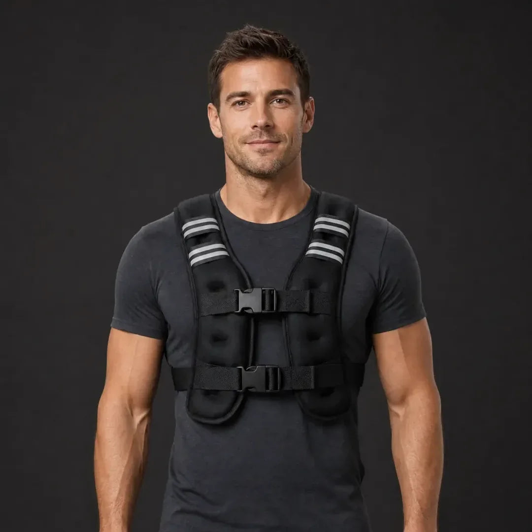 A man wearing the Givorn weighted vest, studio shot