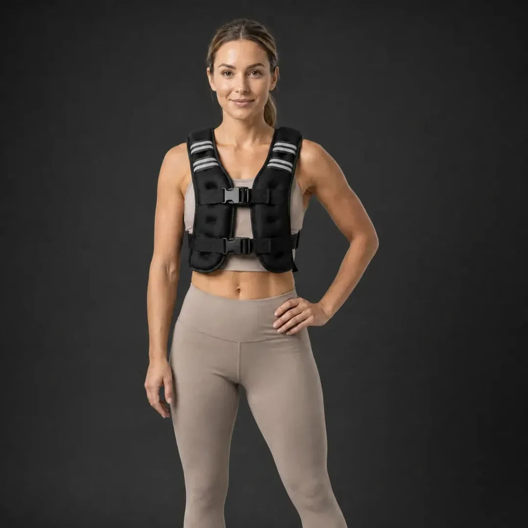 A woman wearing the Givorn weighted vest, studio shot