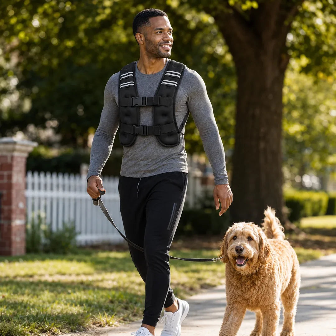 A couple walking the dog in Givorn weighted vests