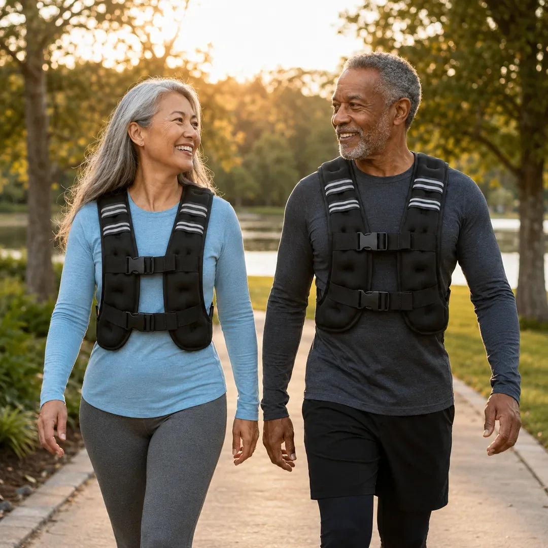 An older couple walking in Givorn weighted vests