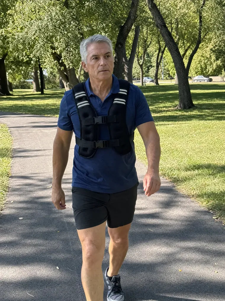 Frank D. walking his dog in a sunny park wearing the Givorn vest
