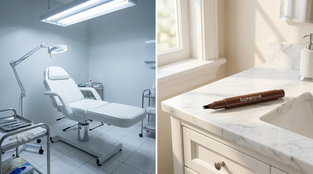 Left: a microblading needle and numbing setup in a clinic. Right: the brow pen held in hand