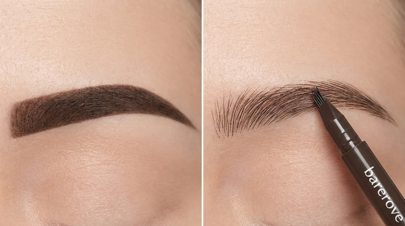 One solid drawn band vs four separate hair width strokes on the same bare brow