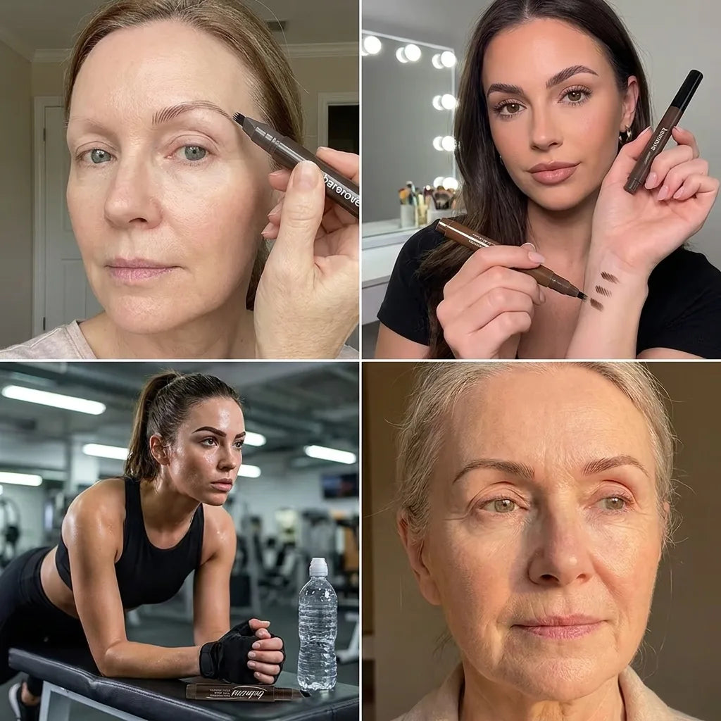 Four small results: a brow built on bare skin, a shade matched on skin, brows holding at the gym, and a sparse brow filled clean