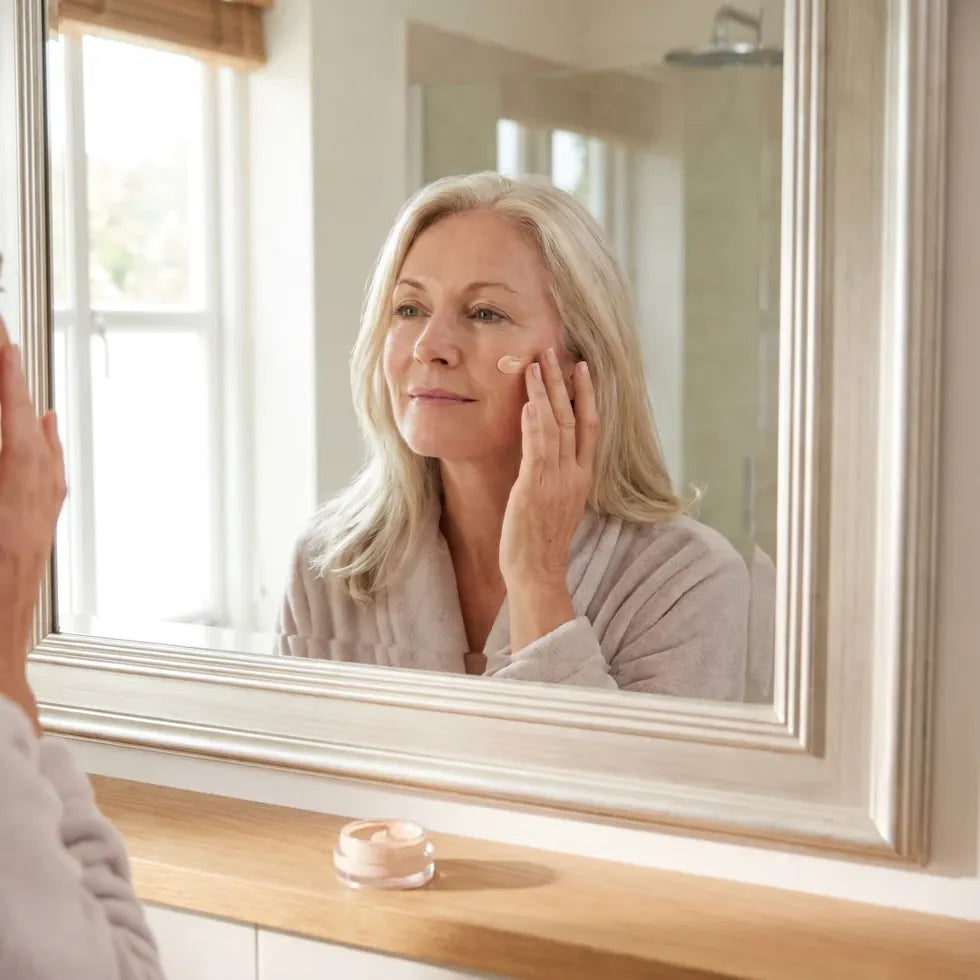 Blending the foundation across her cheek