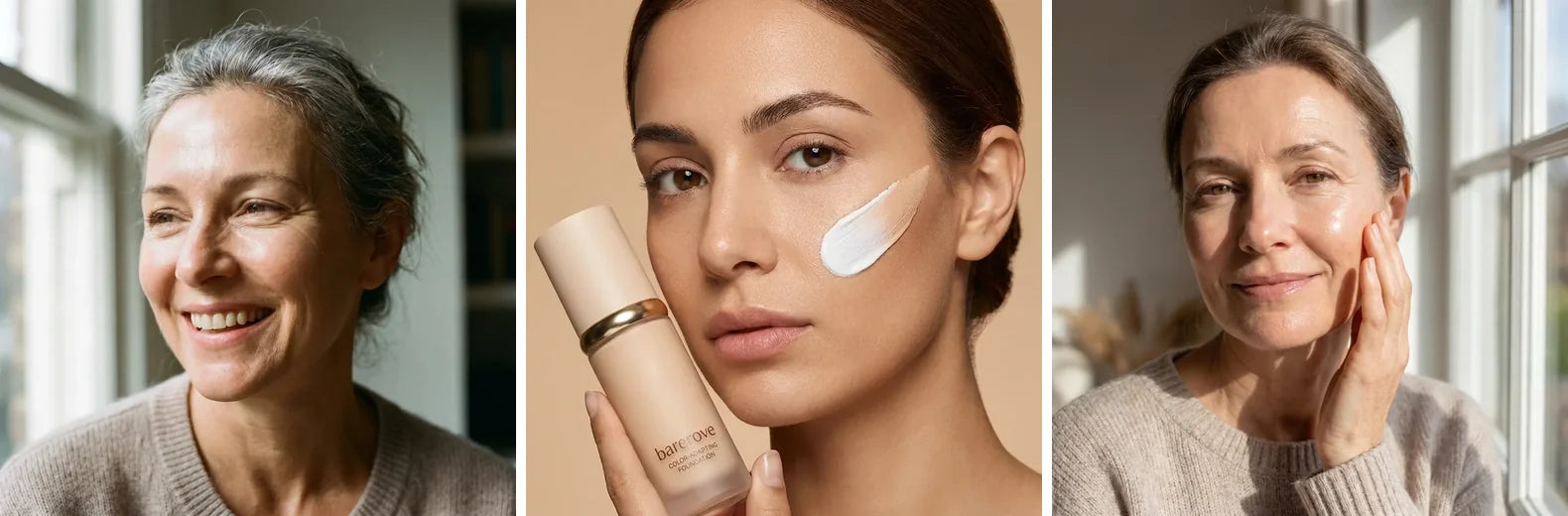 Three women smiling, holding the barerove Color-Adapting Foundation