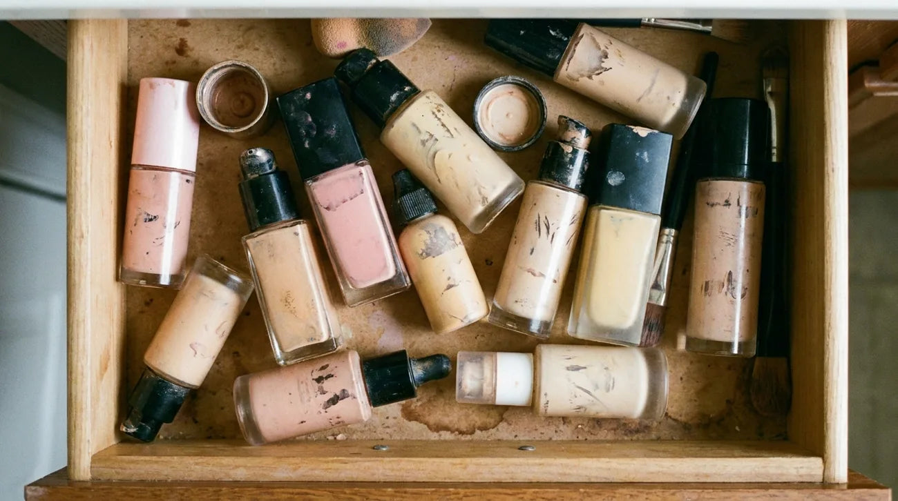 A drawer of half-used, almost-right foundation bottles