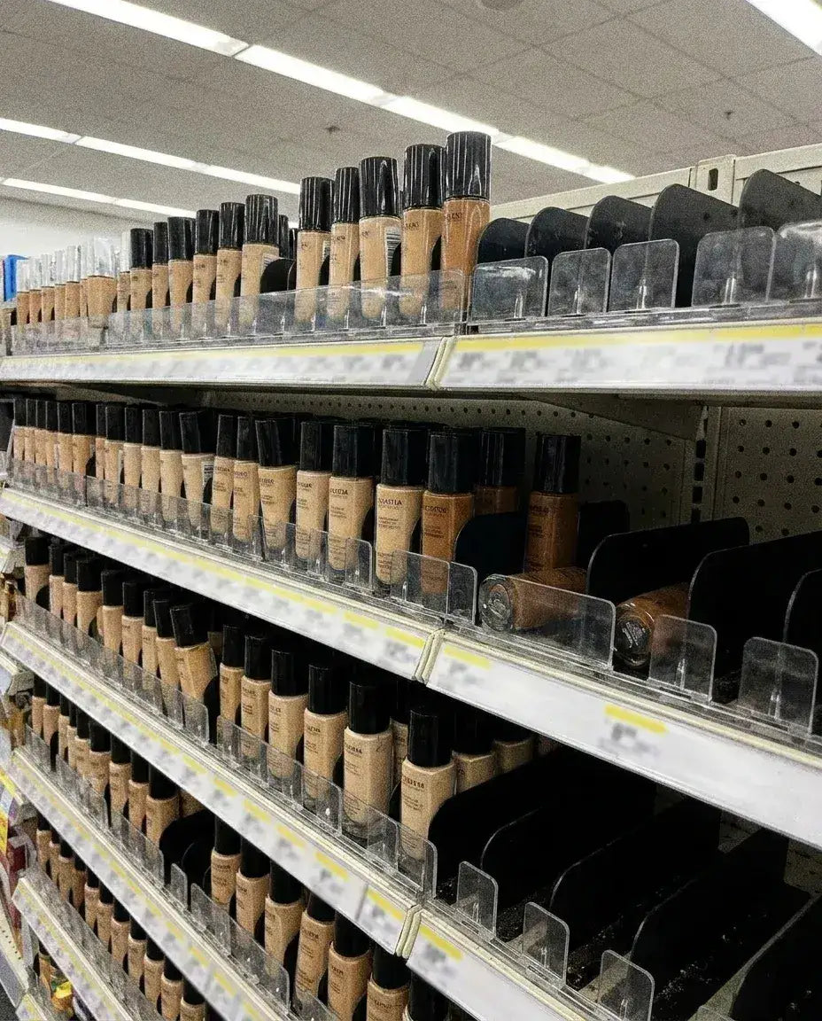 A foundation shelf crowded with light to medium shades, deep shades sparse and sold out