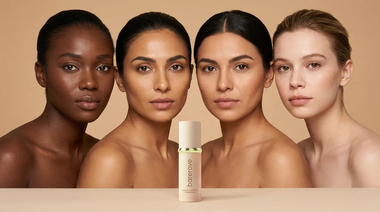 The same foundation matched on deep, tan, medium, and fair skin in one row