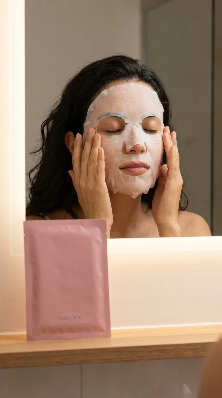 Smoothing the white mask flat in the bathroom mirror before bed