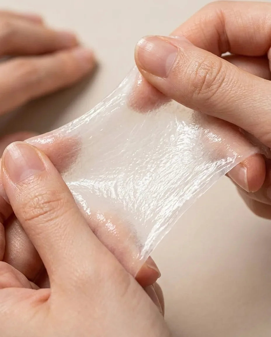 The gel sheet stretched between fingers, elastic and flexible