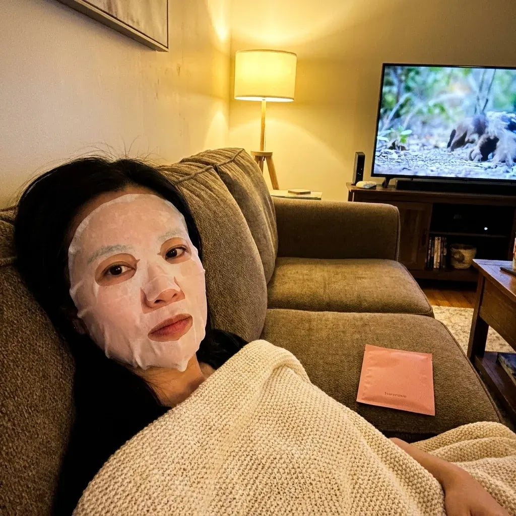 Customer relaxing on the couch in the mask