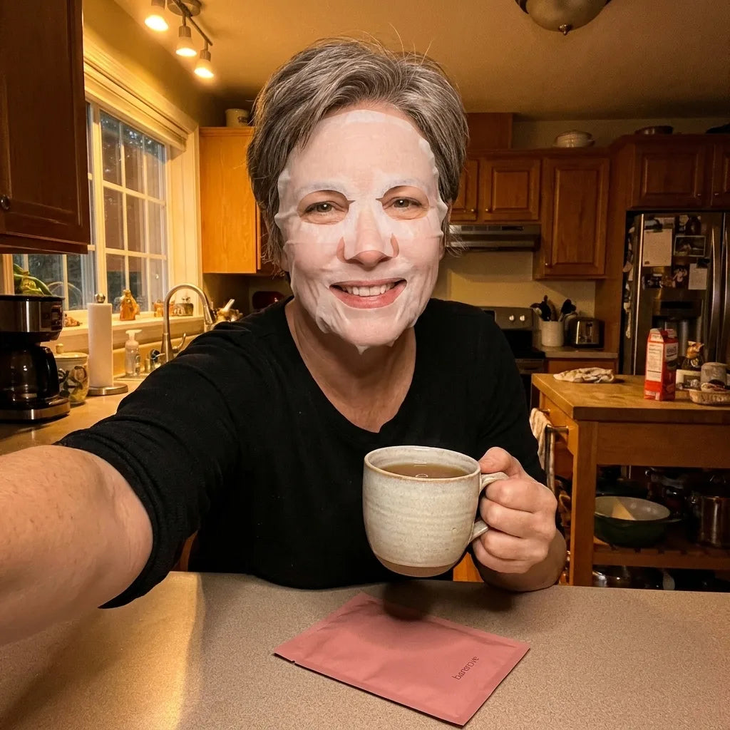 Customer in the kitchen with tea, mask on
