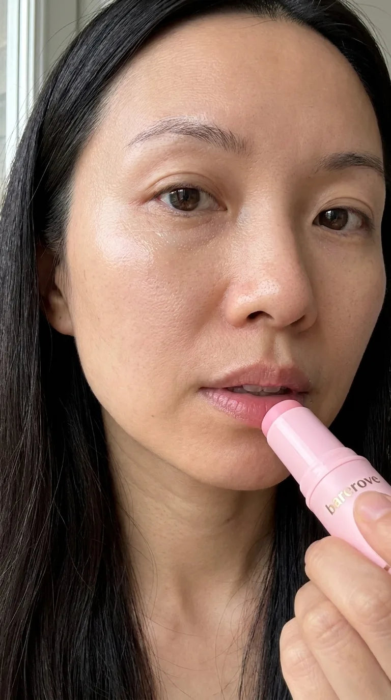 One swipe of the pink balm stick on the lips, then under the eye