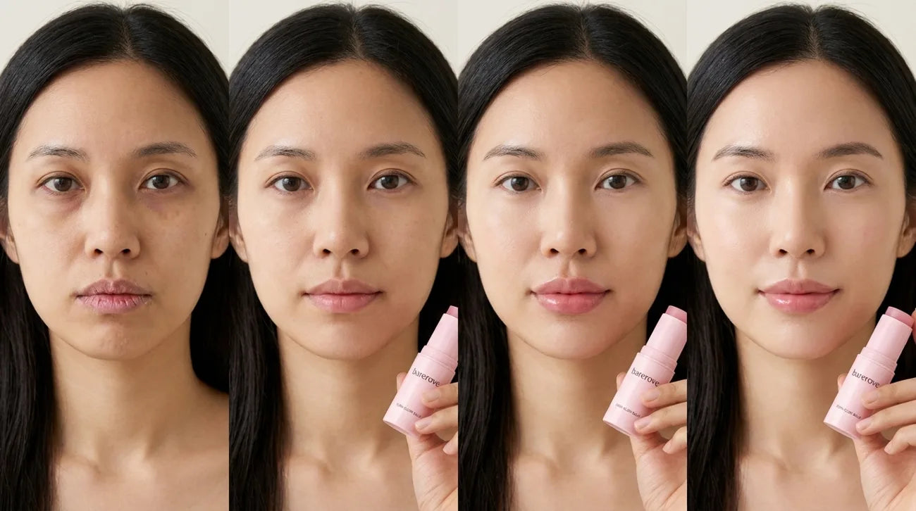 A four-frame progression: Day 1, Week 2, Week 4, Month 1, same face, subtle change