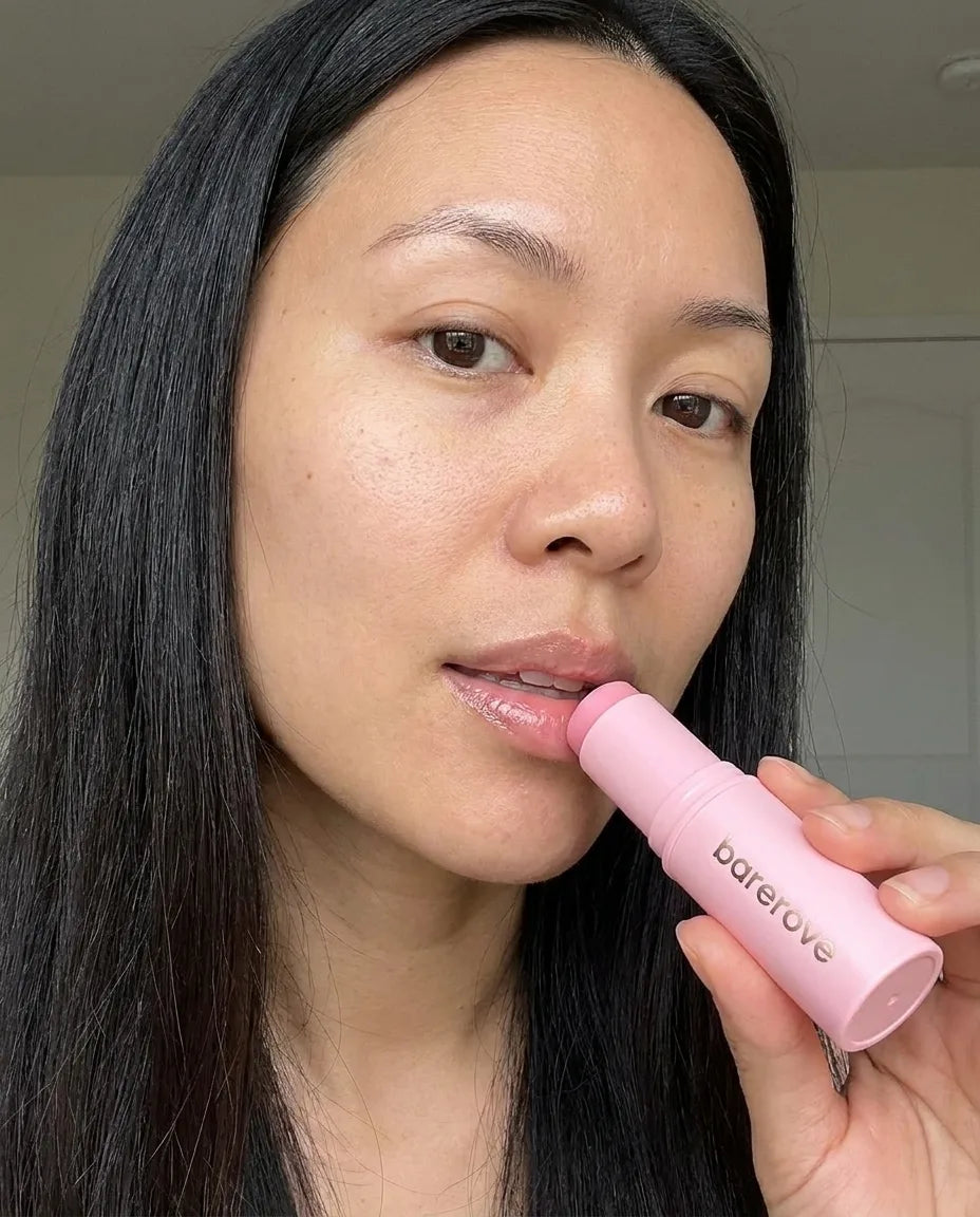 On-lips closeup after a swipe, looking plumped and hydrated